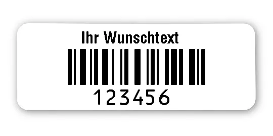 Sonderetiketten Material:Folie hochglänzend weiß Größe:40x15mm Kopfzeile:"Ihr Wunschtext" Barcode:128C Stellenanzahl:6-stellig Ausführung:1 Etikette pro Nummer Menge:1000