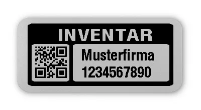 Inventaretiketten Material:Polyester-Folie Silberoptik matt Größe:26x12mm Kopfzeile:"Ihr Wunschtext" Barcode:QR Stellenanzahl:10-stellig Menge:1000
