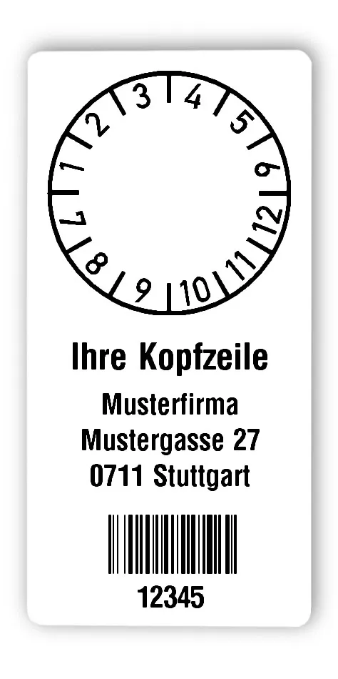 Prüfplakettenträger Material:Polyethylen-Folie hochglänzend weiß Größe:68x34mm Kopfzeile:"Ihr Wunschtext" Barcode:128B Stellenanzahl:5-stellig Ausführung:1 Etikette pro Nummer Menge:300