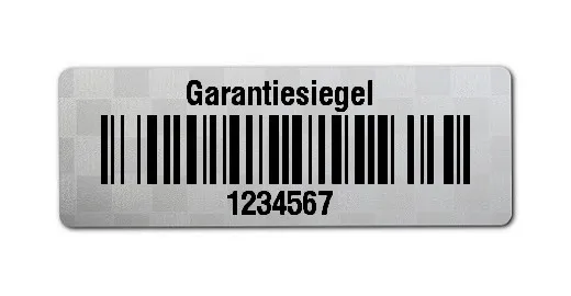 Siegeletiketten Material:Polyester-Folie Silberoptik Siegeletikette Größe:36x13mm Kopfzeile:"Garantiesiegel" Barcode:128B Stellenanzahl:7-stellig Menge:1000