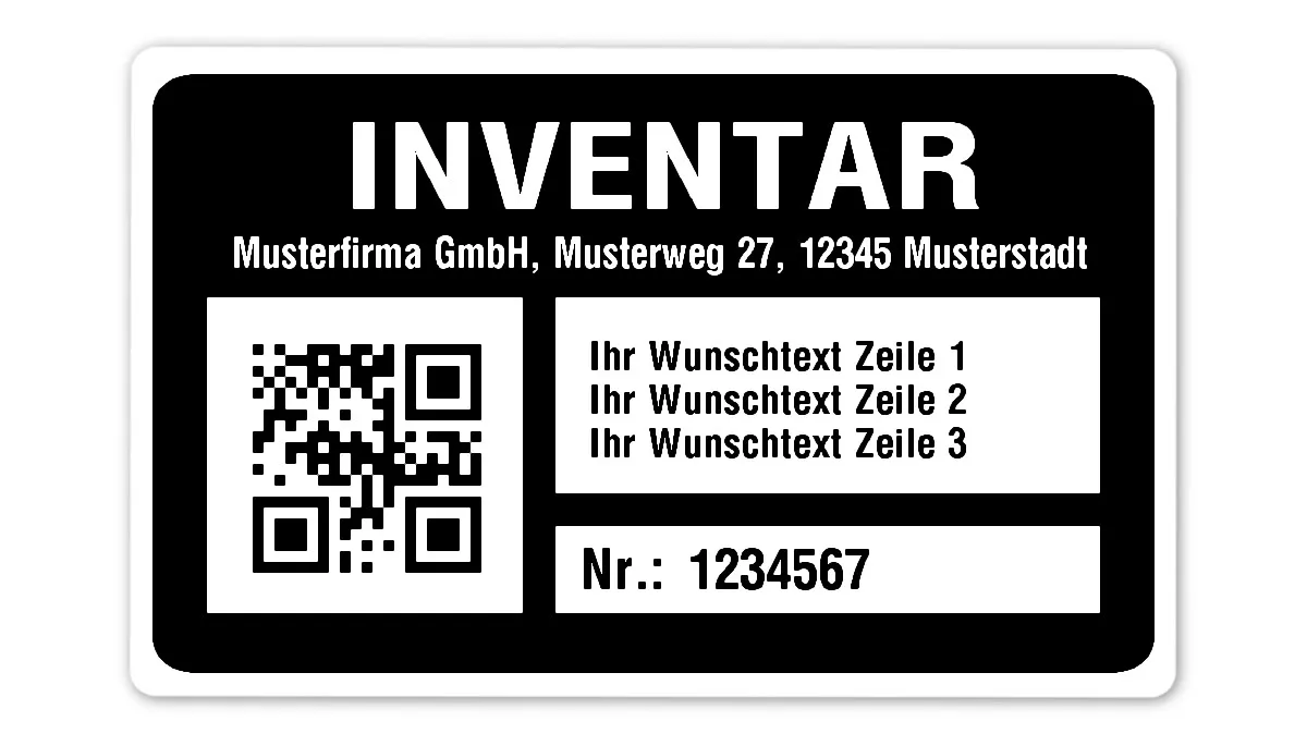 Inventaretiketten Material:Polyethylen-Folie hochglänzend weiß Größe:80x50mm Kopfzeile:"Ihr Wunschtext" Barcode:QR Stellenanzahl:7-stellig Menge:500