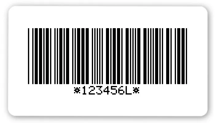 Universaletiketten Material:Polyethylen-Folie hochglänzend weiß Größe:54x30mm Kopfzeile:"ohne" Barcode:Code 39 mit Prüfziffer Stellenanzahl:7-stellig Ausführung:1 Etikette pro Nummer Menge:1000