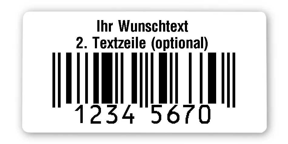 EAN Etiketten Material:Polyethylen-Folie hochglänzend weiß Größe:68x34mm Produkt:EAN Etiketten Kopfzeile:"Ihr Wunschtext" Größe:68x34mm Barcode:EAN 8 Stellenanzahl:8-stellig Ausführung:1 Etikette pro Nummer Menge:100