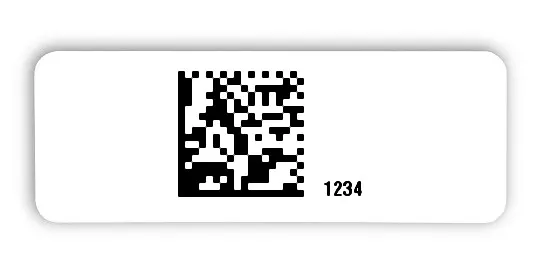 Universaletiketten Material:Polyethylen-Folie hochglänzend weiß Größe:40x15mm Kopfzeile:"ohne" Barcode:DataMatrix Stellenanzahl:4-stellig Ausführung:1 Etikette pro Nummer Menge:100