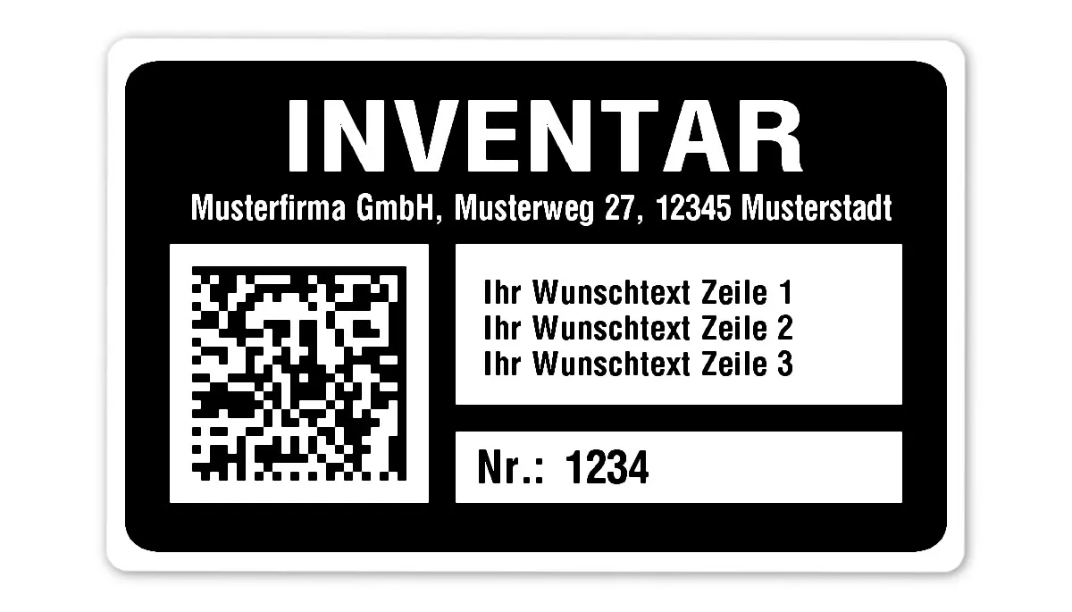 Inventaretiketten Material:Polyethylen-Folie hochglänzend weiß Größe:80x50mm Kopfzeile:"Ihr Wunschtext" Barcode:DataMatrix Stellenanzahl:4-stellig Menge:500