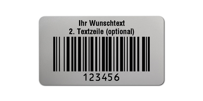 1000x Prüfetiketten Folie silber, 45x25mm, 128B 6-stellig ff, Ihr Wunschtext, 1 Etikett pro Nummer