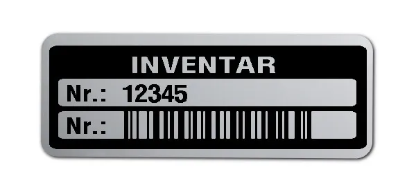 Inventaretiketten Material:Polyester-Folie Silberoptik matt Größe:40x15mm Kopfzeile:"Inventar" Barcode:128B Stellenanzahl:5-stellig Menge:100