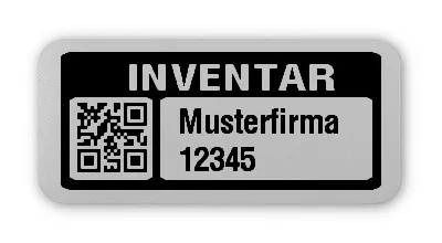Inventaretiketten Material:Polyester-Folie Silberoptik matt Größe:26x12mm Kopfzeile:"Ihr Wunschtext" Barcode:QR Stellenanzahl:5-stellig Menge:1000
