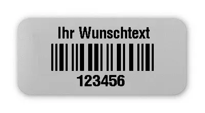 Universaletiketten Material:Folie silber matt Größe:26x12mm Kopfzeile:"Ihr Wunschtext" Barcode:2a5 interleaved Stellenanzahl:6-stellig Ausführung:2 Etiketten pro Nummer Menge:1000
