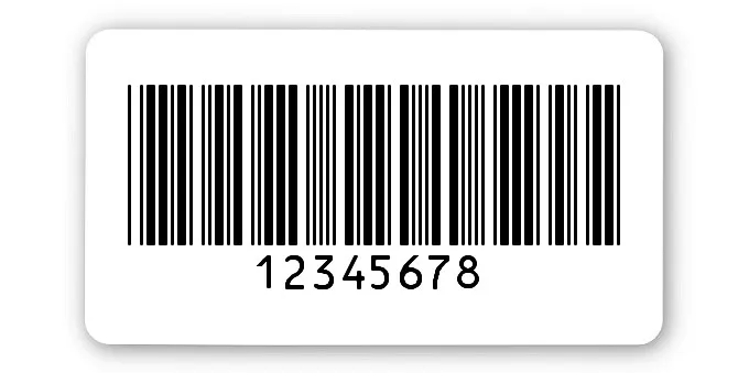 Universaletiketten Material:Polyethylen-Folie hochglänzend weiß Größe:45x25mm Kopfzeile:"ohne" Barcode:Code 39 ohne Prüfziffer Stellenanzahl:8-stellig Ausführung:1 Etikette pro Nummer Menge:500
