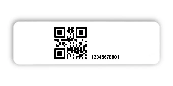 Universaletiketten Material:Folie hochglänzend weiß Größe:50x15mm Kopfzeile:"ohne" Barcode:QR Stellenanzahl:11-stellig Ausführung:2 Etiketten pro Nummer Menge:100
