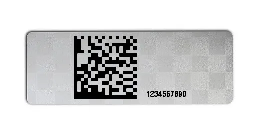 Universaletiketten Material:Polyester-Folie Silberoptik Siegeletikette Größe:36x13mm Kopfzeile:"ohne" Barcode:DataMatrix Stellenanzahl:10-stellig Ausführung:1 Etikette pro Nummer Menge:1000