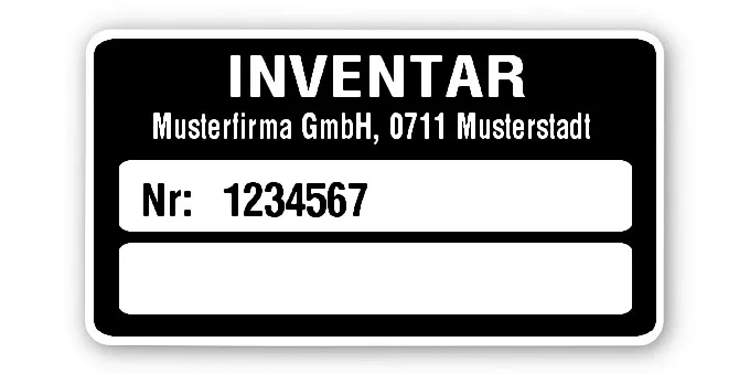 Inventaretiketten Material:Polyethylen-Folie hochglänzend weiß Größe:45x25mm Kopfzeile:"Ihr Wunschtext" Fortlaufend nummerierte INVENTAR Etiketten auf PE-Folie hochglänzend weiß oder Silberoptik matt mit Ihrem Wunschtext als Adresszeile im Kontrastdruc