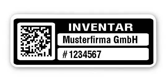 Inventaretiketten Material:Polyethylen-Folie hochglänzend weiß Größe:40x15mm Kopfzeile:"Ihr Wunschtext" Barcode:DataMatrix Stellenanzahl:7-stellig Menge:1000