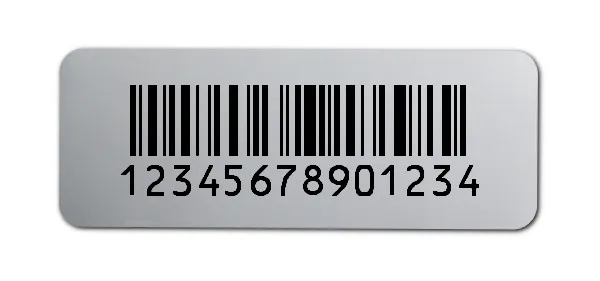 Universaletiketten Material:Polyester-Folie Silberoptik matt Größe:40x15mm Kopfzeile:"ohne" Barcode:128C Stellenanzahl:14-stellig Ausführung:1 Etikette pro Nummer Menge:500