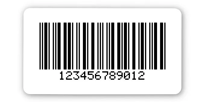 Universaletiketten Material:Folie hochglänzend weiß Größe:45x25mm Kopfzeile:"ohne" Barcode:2a5 mit Prüfziffer Stellenanzahl:12-stellig Ausführung:2 Etiketten pro Nummer Menge:1000