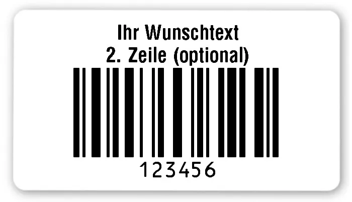Sonderetiketten Material:Folie hochglänzend weiß Größe:54x30mm Kopfzeile:"Ihr Wunschtext" Barcode:128C Stellenanzahl:6-stellig Ausführung:1 Etikette pro Nummer Menge:1000