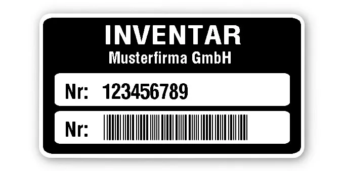 Inventaretiketten Material:Polyethylen-Folie hochglänzend weiß Größe:45x25mm Kopfzeile:"Ihr Wunschtext" Barcode:Code 39 ohne Prüfziffer Stellenanzahl:9-stellig Ausführung:1 Etikette pro Nummer Menge:100