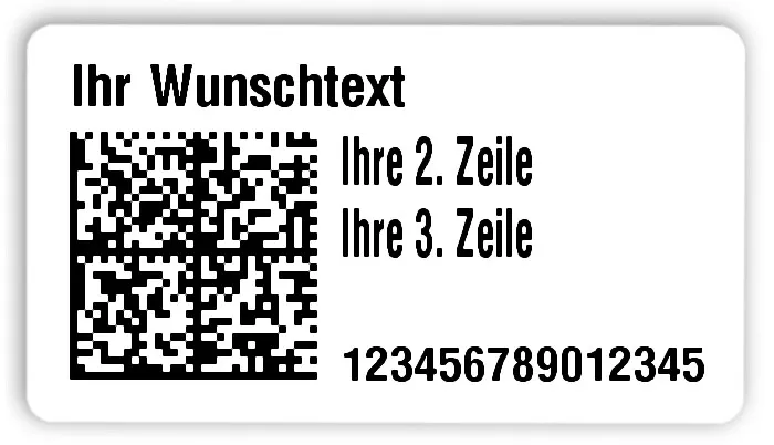 Universaletiketten Material:Folie hochglänzend weiß Größe:54x30mm Kopfzeile:"Ihr Wunschtext" Barcode:DataMatrix Stellenanzahl:15-stellig Ausführung:3 Etiketten pro Nummer Menge:300