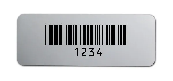 Universaletiketten Material:Polyester-Folie Silberoptik matt Größe:40x15mm Kopfzeile:"ohne" Barcode:Code 39 ohne Prüfziffer Stellenanzahl:4-stellig Ausführung:1 Etikette pro Nummer Menge:100