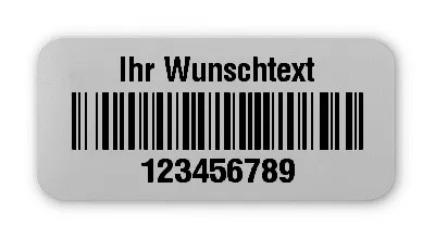 Universaletiketten Material:Folie silber matt Größe:26x12mm Kopfzeile:"Ihr Wunschtext" Barcode:128B Stellenanzahl:9-stellig Ausführung:4 Etiketten pro Nummer Menge:1000
