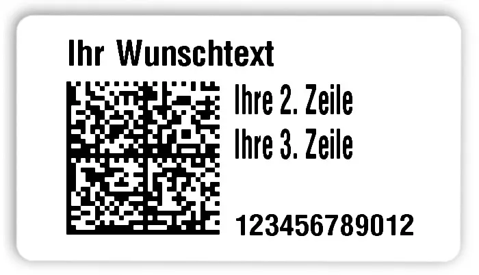 Universaletiketten Material:Folie hochglänzend weiß Größe:54x30mm Kopfzeile:"Ihr Wunschtext" Barcode:DataMatrix Stellenanzahl:12-stellig Ausführung:3 Etiketten pro Nummer Menge:300