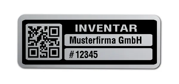 Inventaretiketten Material:Polyester-Folie Silberoptik matt Größe:40x15mm Kopfzeile:"Ihr Wunschtext" Barcode:QR Stellenanzahl:5-stellig Menge:500
