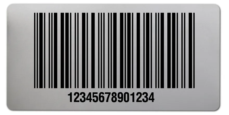 Universaletiketten Material:Polyester-Folie Silberoptik matt Größe:68x34mm Kopfzeile:"ohne" Barcode:2a5 interleaved Stellenanzahl:14-stellig Ausführung:1 Etikette pro Nummer Menge:100