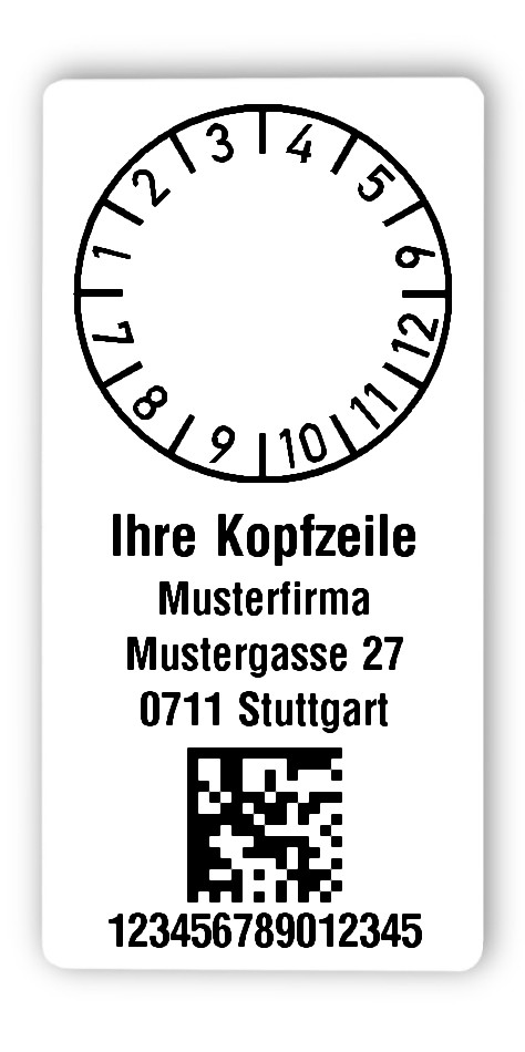 300x Prüfplaketten Folie weiß, 68x34mm, DataMatrix 15-stellig ff, Ihr Wunschtext, 1 Etikett pro Nummer