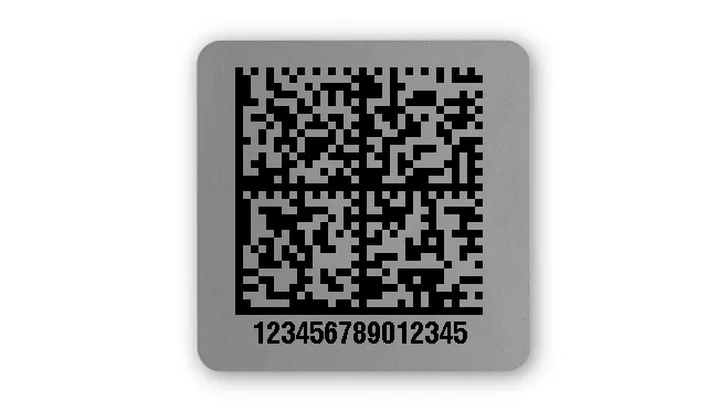 Universaletiketten Material:Polyester-Folie Silberoptik matt Größe:26x26mm Kopfzeile:"ohne" Barcode:DataMatrix Stellenanzahl:15-stellig Ausführung:1 Etikette pro Nummer Menge:100