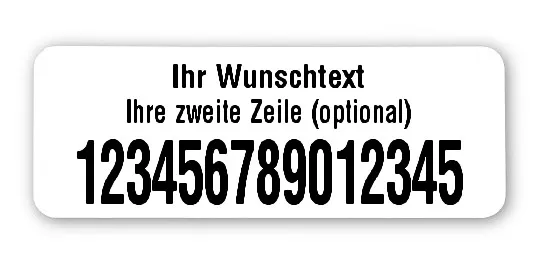 Universaletiketten Material:ThermoTop Größe:40x15mm Kopfzeile:"Ihr Wunschtext" Barcode:ohne Stellenanzahl:15-stellig Ausführung:1 Etikette pro Nummer Menge:500