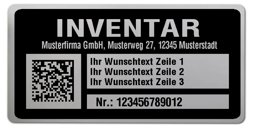Inventaretiketten Material:Polyester-Folie Silberoptik matt Größe:68x34mm Kopfzeile:"Ihr Wunschtext" Barcode:DataMatrix Stellenanzahl:12-stellig Menge:500