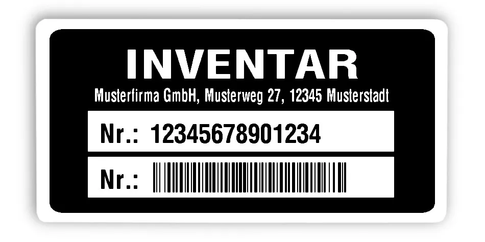 Inventaretiketten Material:Polyethylen-Folie hochglänzend weiß Größe:68x34mm Kopfzeile:"Ihr Wunschtext" Barcode:128B Stellenanzahl:14-stellig Ausführung:1 Etikette pro Nummer Menge:100