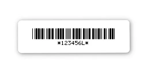 Universaletiketten Material:Folie hochglänzend weiß Größe:31x9mm Kopfzeile:"ohne" Barcode:Code 39 mit Prüfziffer Stellenanzahl:7-stellig Ausführung:4 Etiketten pro Nummer Menge:1000
