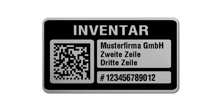 Inventaretiketten Material:Polyester-Folie Silberoptik matt Größe:45x25mm Kopfzeile:"Ihr Wunschtext" Barcode:DataMatrix Stellenanzahl:12-stellig Menge:500
