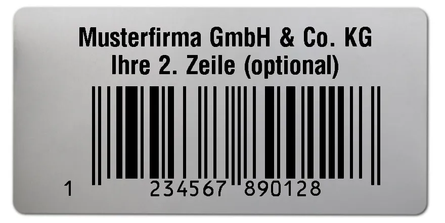 Universaletiketten Material:Polyester-Folie Silberoptik matt Größe:68x34mm Kopfzeile:"Ihr Wunschtext" Barcode:EAN 13 Stellenanzahl:13-stellig Ausführung:1 Etikette pro Nummer Menge:100