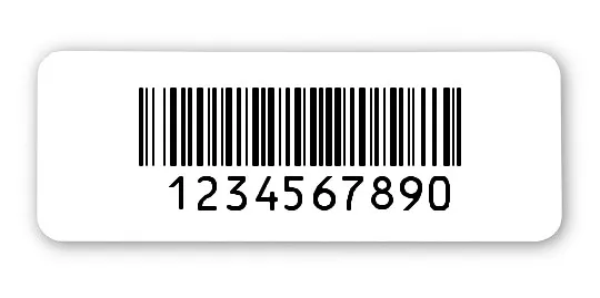 Produktbild:Universaletiketten Material:Folie weiß Größe:40x15mm Kopfzeile:"ohne" Barcode:128B Stellenanzahl:10-stellig Ausführung:1 Etikett pro Nummer Etiketten je Rolle:1000