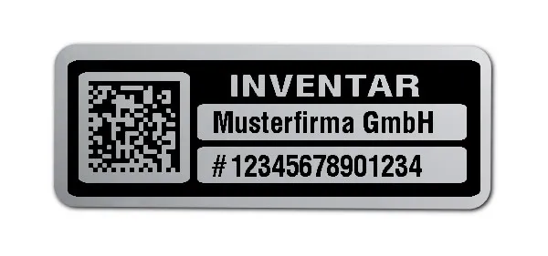 Inventaretiketten Material:Polyester-Folie Silberoptik matt Größe:40x15mm Kopfzeile:"Ihr Wunschtext" Barcode:DataMatrix Stellenanzahl:14-stellig Menge:500