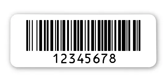 Sonderetiketten Material:Polyethylen-Folie hochglänzend weiß Größe:40x15mm Kopfzeile:"ohne" Barcode:128B Stellenanzahl:8-stellig Ausführung:1 Etikette pro Nummer Menge:1000