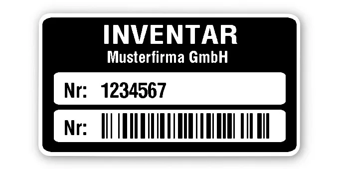 Inventaretiketten Material:Polyethylen-Folie hochglänzend weiß Größe:45x25mm Kopfzeile:"Ihr Wunschtext" Barcode:128B Stellenanzahl:7-stellig Ausführung:1 Etikette pro Nummer Menge:1000