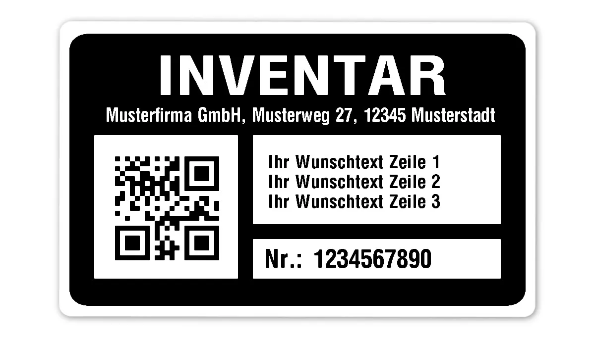 Inventaretiketten Material:Polyethylen-Folie hochglänzend weiß Größe:80x50mm Kopfzeile:"Ihr Wunschtext" Barcode:QR Stellenanzahl:10-stellig Menge:100