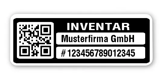 Inventaretiketten Material:Polyethylen-Folie hochglänzend weiß Größe:40x15mm Kopfzeile:"Ihr Wunschtext" Barcode:QR Stellenanzahl:15-stellig Menge:1000