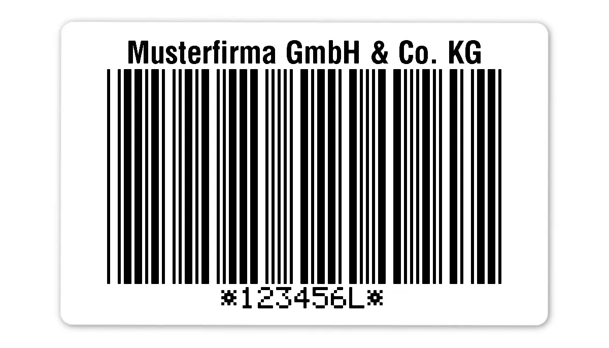 Palettenetiketten Material:Folie weiß Größe:80x50mm Kopfzeile:"Ihr Wunschtext" Barcode:Code 39 mit Prüfziffer Stellenanzahl:7-stellig Ausführung:1 Etikett pro Nummer Etiketten je Rolle:300