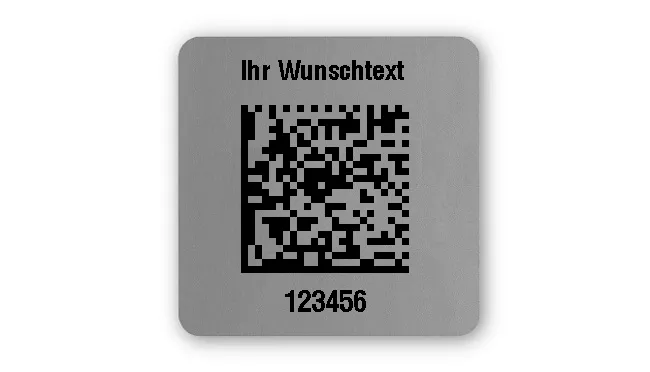 Universaletiketten Material:Folie silber matt Größe:26x26mm Kopfzeile:"Ihr Wunschtext" Barcode:DataMatrix Stellenanzahl:6-stellig Ausführung:2 Etiketten pro Nummer Menge:100
