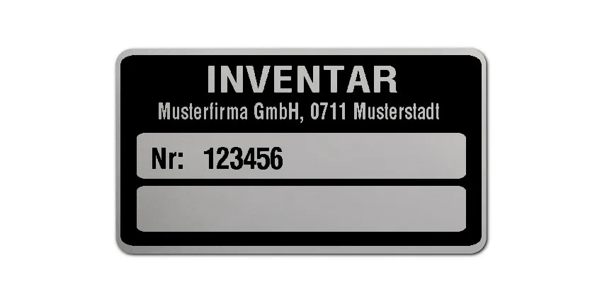 Inventaretiketten Material:Polyester-Folie Silberoptik matt Größe:45x25mm Kopfzeile:"Ihr Wunschtext" Fortlaufend nummerierte INVENTAR Etiketten auf PE-Folie hochglänzend weiß oder Silberoptik matt mit Ihrem Wunschtext als Adresszeile im Kontrastdruck. 