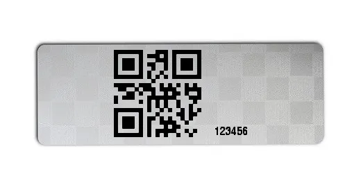 Universaletiketten Material:Polyester-Folie Silberoptik Siegeletikette Größe:36x13mm Kopfzeile:"ohne" Barcode:QR Stellenanzahl:6-stellig Ausführung:1 Etikette pro Nummer Menge:100