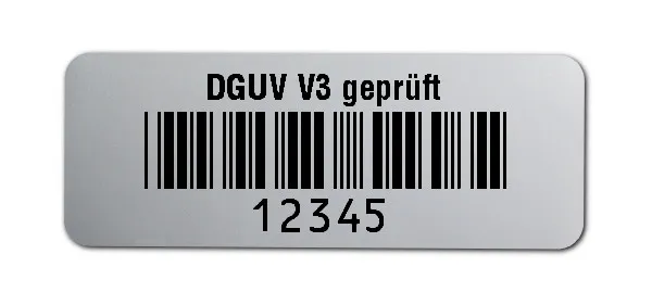 Prüfetiketten Material:Polyester-Folie Silberoptik matt Größe:40x15mm Kopfzeile:"DGUV V3 geprüft" Barcode:Code 39 ohne Prüfziffer Stellenanzahl:5-stellig Ausführung:1 Etikette pro Nummer Menge:500