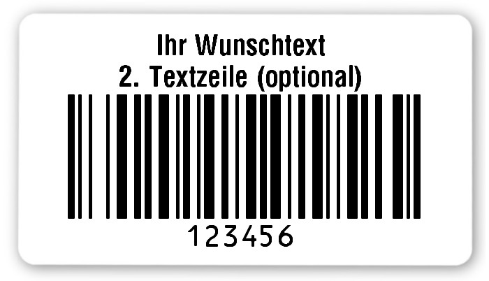 Universaletiketten Material:Polyethylen-Folie hochglänzend weiß Größe:54x30mm Kopfzeile:"Ihr Wunschtext" Barcode:128B Stellenanzahl:6-stellig Ausführung:1 Etikette pro Nummer Menge:1000