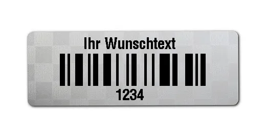 Universaletiketten Material:Siegeletikett Größe:36x13mm Kopfzeile:"Ihr Wunschtext" Barcode:128C Stellenanzahl:4-stellig Ausführung:2 Etiketten pro Nummer Etiketten je Rolle:500