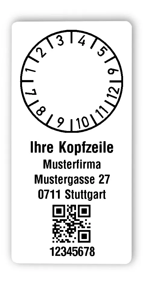 Prüfplakettenträger Material:Polyethylen-Folie hochglänzend weiß Größe:68x34mm Kopfzeile:"Ihr Wunschtext" Barcode:QR Stellenanzahl:8-stellig Ausführung:1 Etikette pro Nummer Menge:300